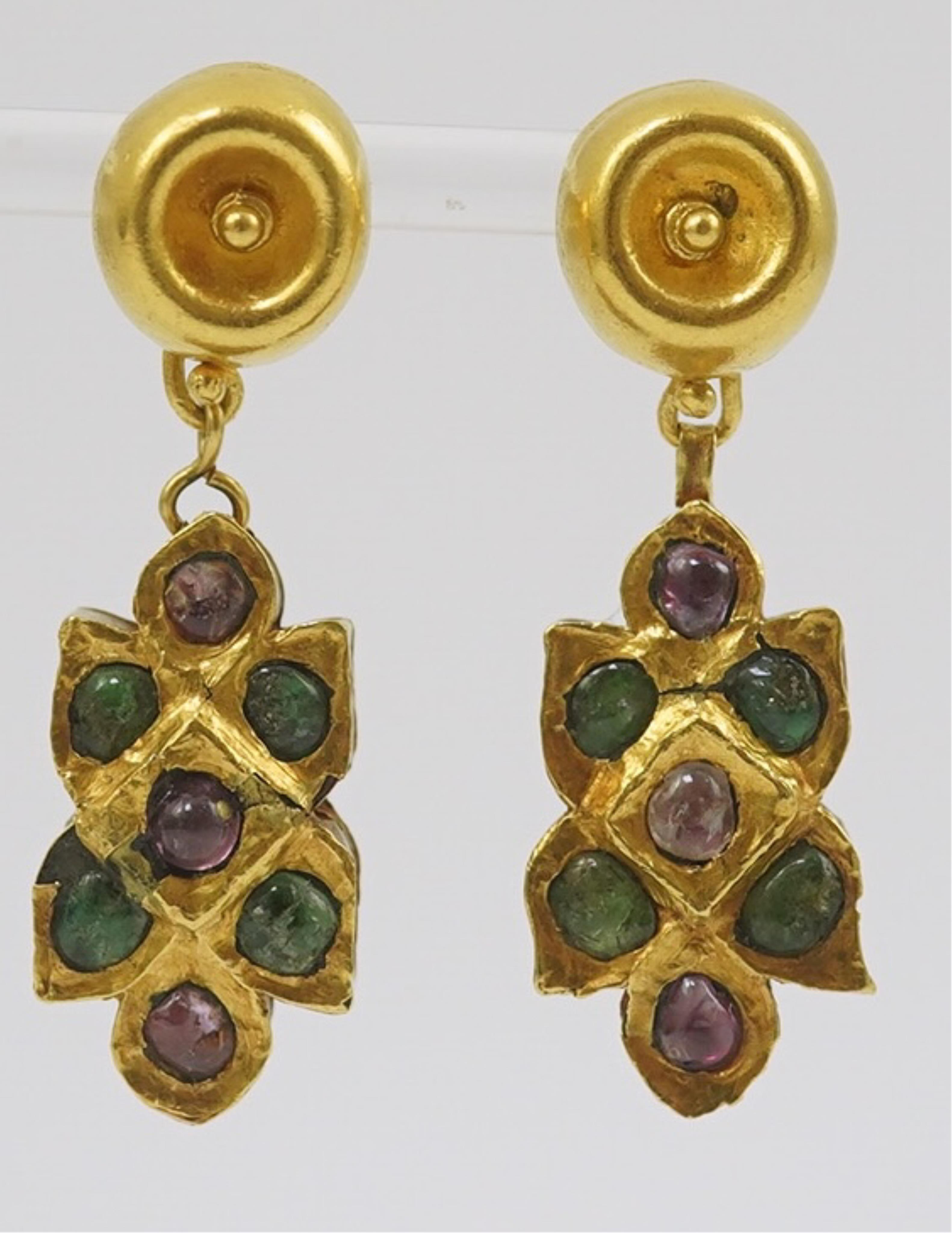 A pair of modern Italian Indian style 18k gold and cabochon gem set cluster drop earrings, retailed by Massimo Maria Melis, Rome